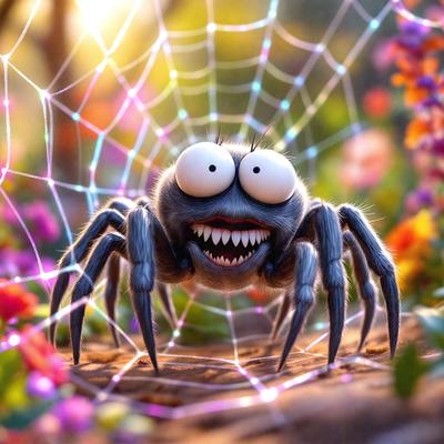 The primary subject of the image is a spider with a wide-eyed expression, sitting on a web in front of a flower garden. The setting is a garden with a variety of flowers, creating a vibrant and lively atmosphere. The visual style is a digital art or illustration, giving the image a unique and creative appearance. The colors and mood are predominantly bright and cheerful, with the spider's wide eyes adding a sense of surprise or curiosity to the scene.